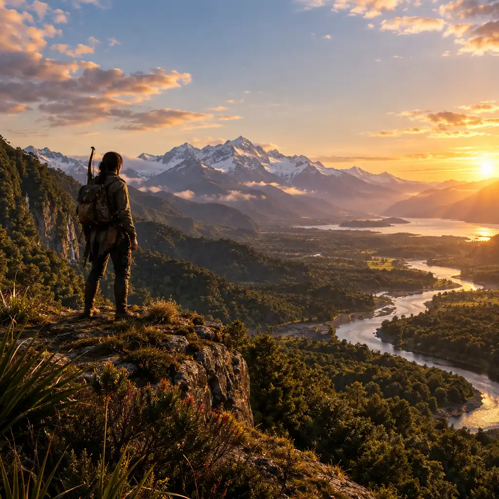 A lone protagonist stands on a cliff edge overlooking a vast New Zealand-inspired valley with snow-capped mountains and a winding river at golden hour