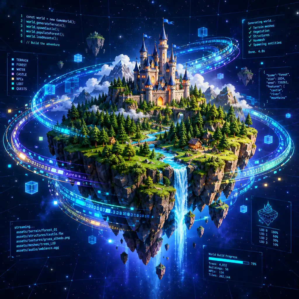 Stylized floating island with a castle and forest surrounded by glowing code streams