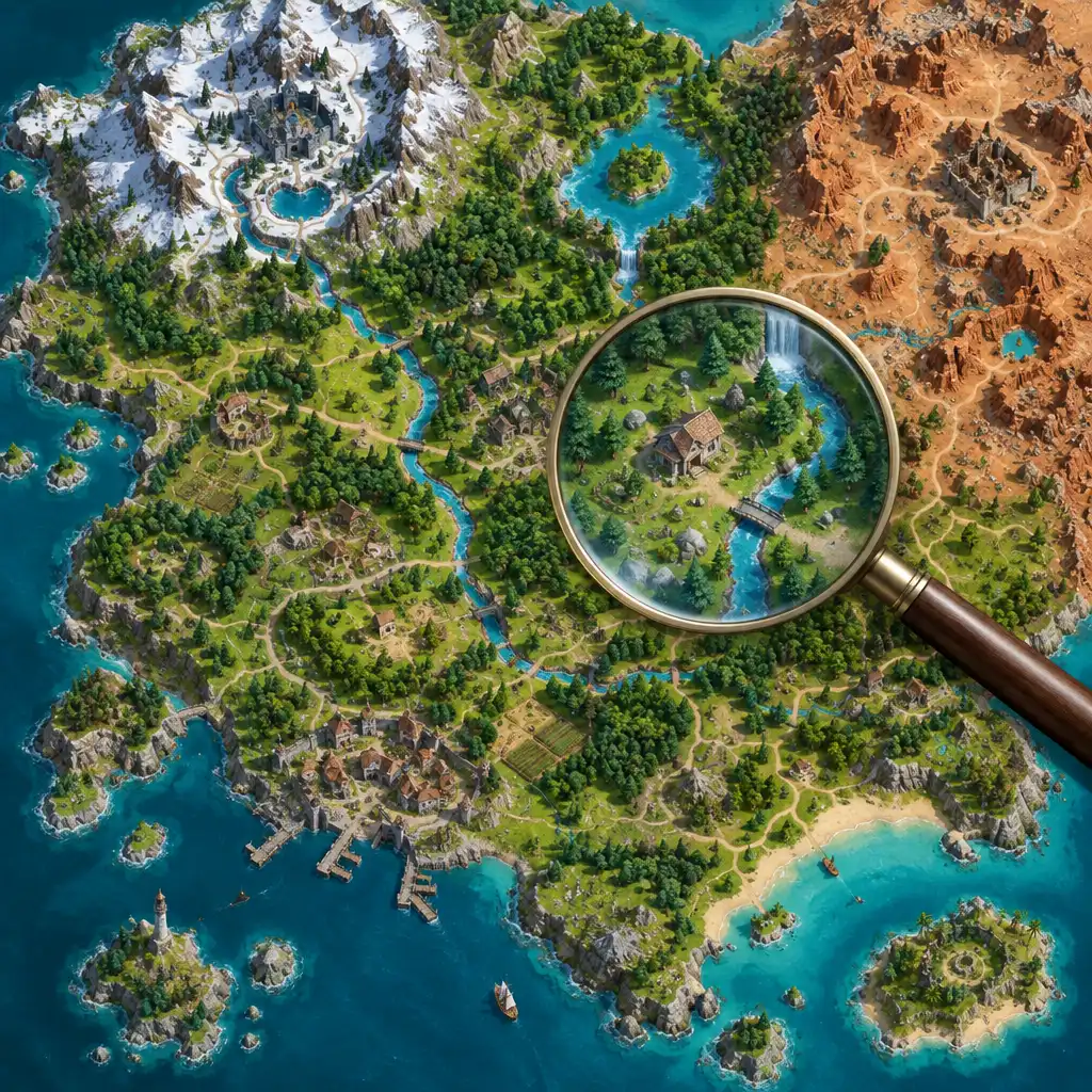 Top-down view of a game map with a magnifying glass over a specific area
