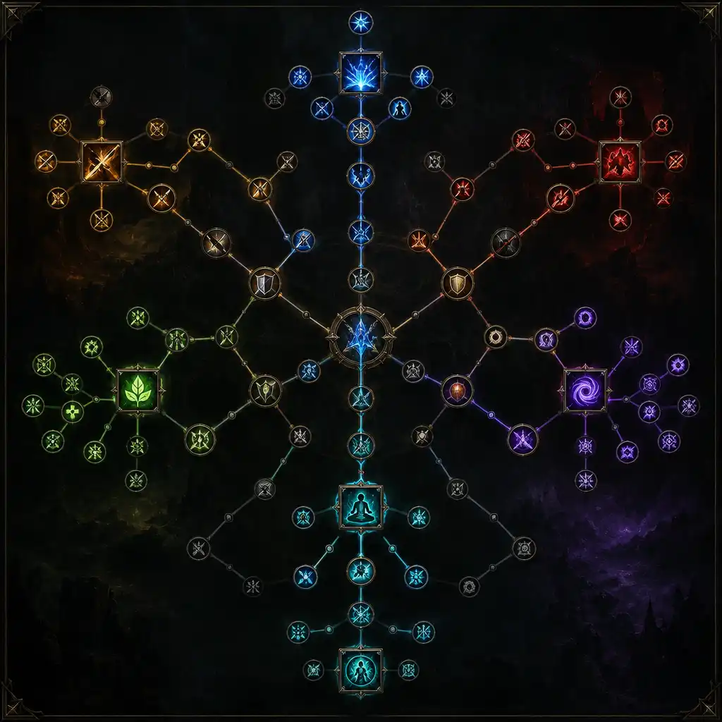 Character skill tree with intricate icons and branching paths on a dark background