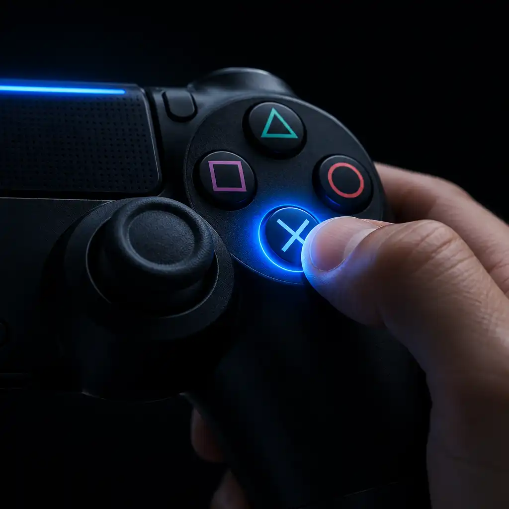 Close-up of a game controller with a hand pressing a button, dark background with subtle glow