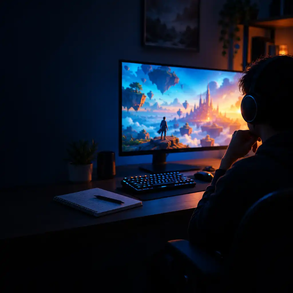 A gamer's desk at night, lit by a large monitor showing an abstract game world