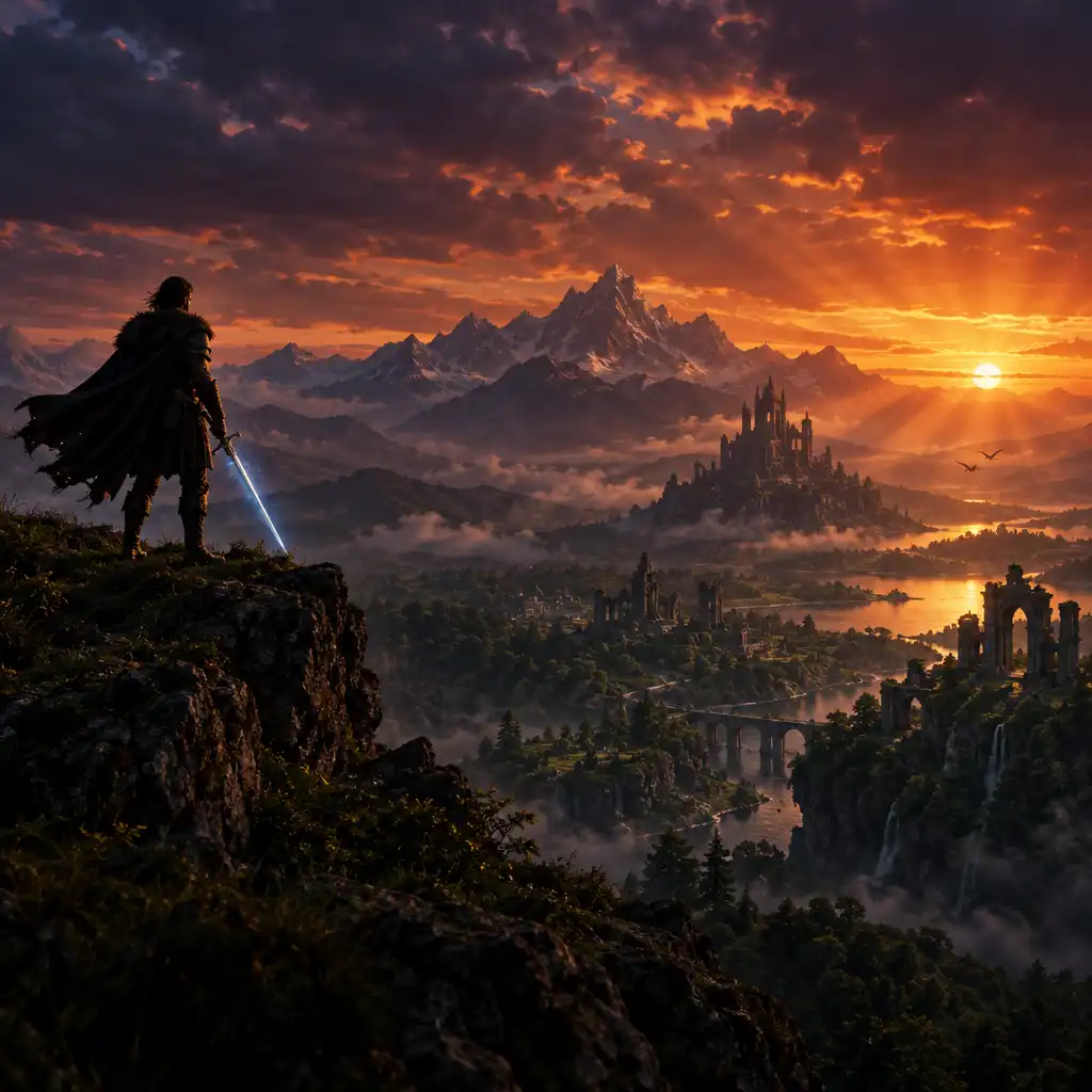 Silhouetted warrior on a cliff overlooking a vast sunset valley with ancient ruins