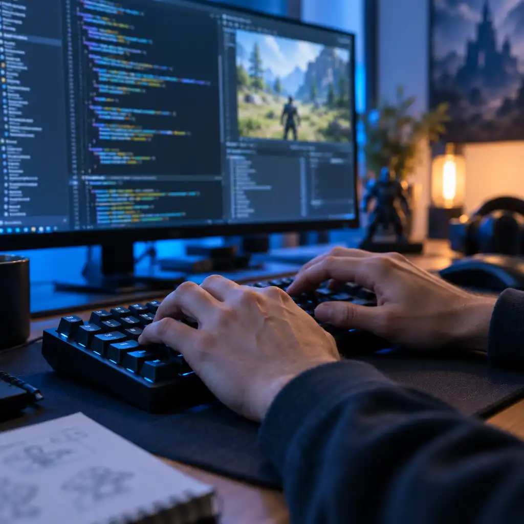 Developer hands typing on a keyboard with code on a monitor