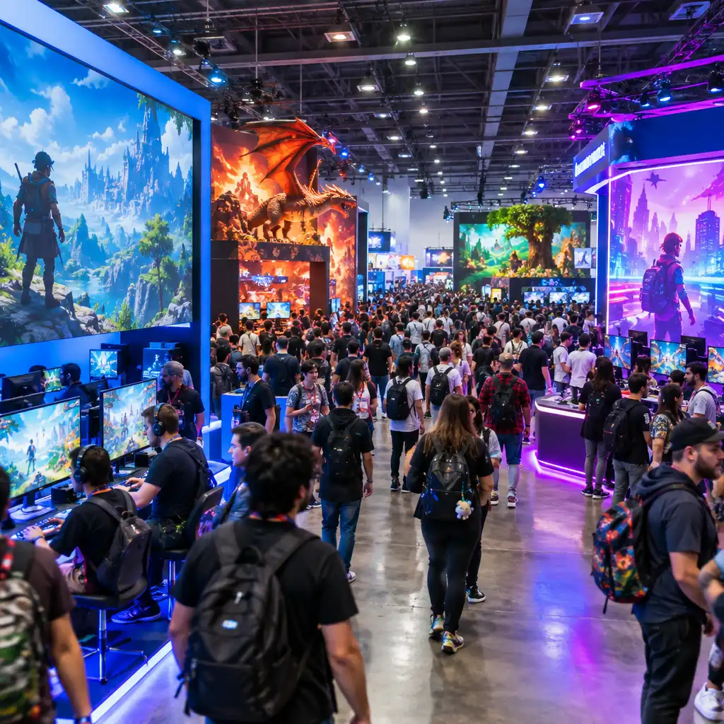 Wide shot of a gaming convention floor with colourful booths and crowds