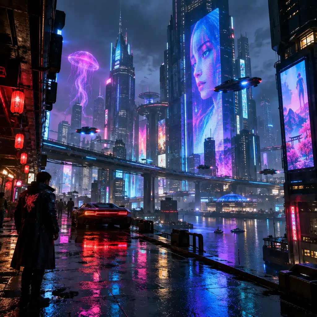 Futuristic neon-lit cityscape from a video game with rain-slicked streets