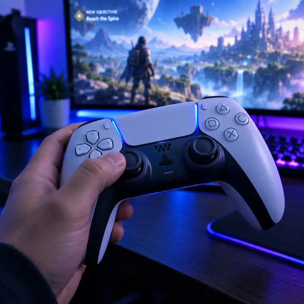 Futuristic gaming controller illuminated by blue and purple LED lighting