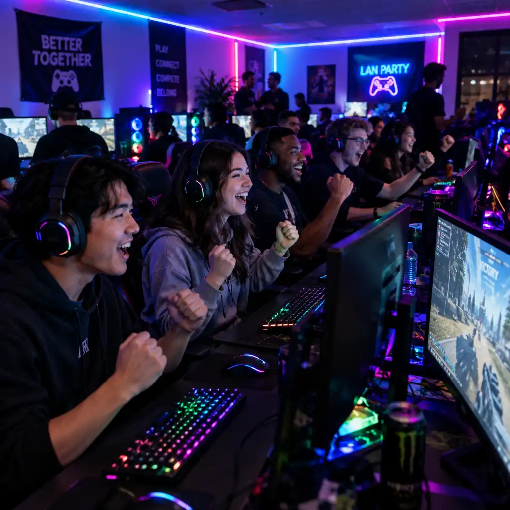 Group of gamers at a LAN party cheering in front of multiple monitors