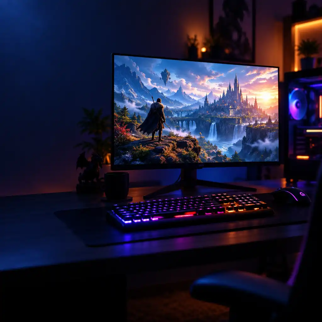 High-end gaming PC setup with a fantasy landscape glowing on a large monitor in a dimly lit room