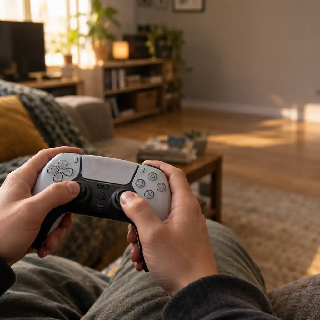 Hands holding a game controller in a warm living room
