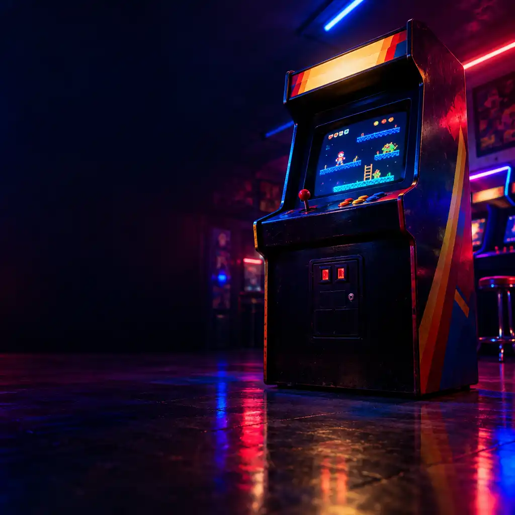 A retro arcade cabinet glowing in a dim room