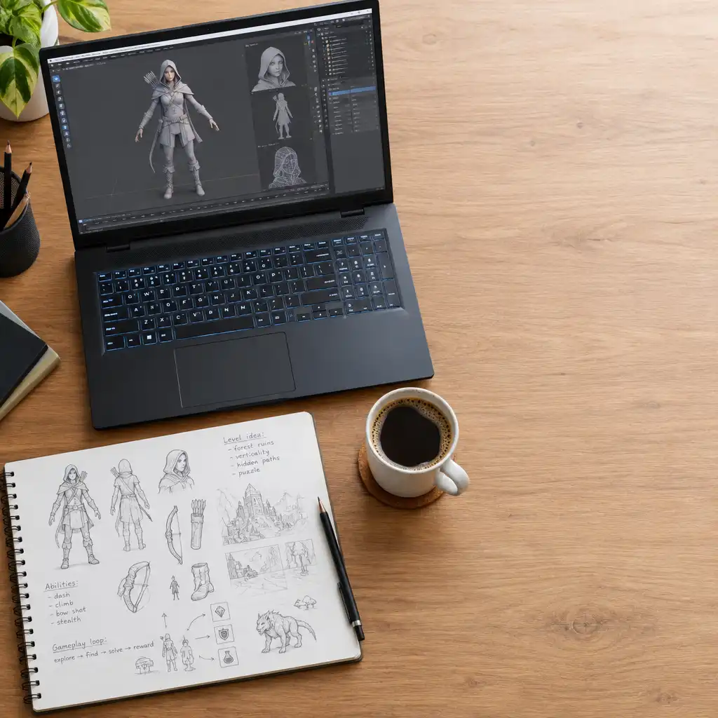 A desk with a gaming laptop showing 3D modelling software and handwritten design notes