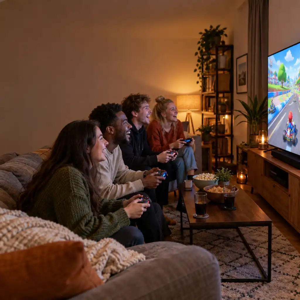 Friends laughing on a couch while playing a multiplayer game on a large TV