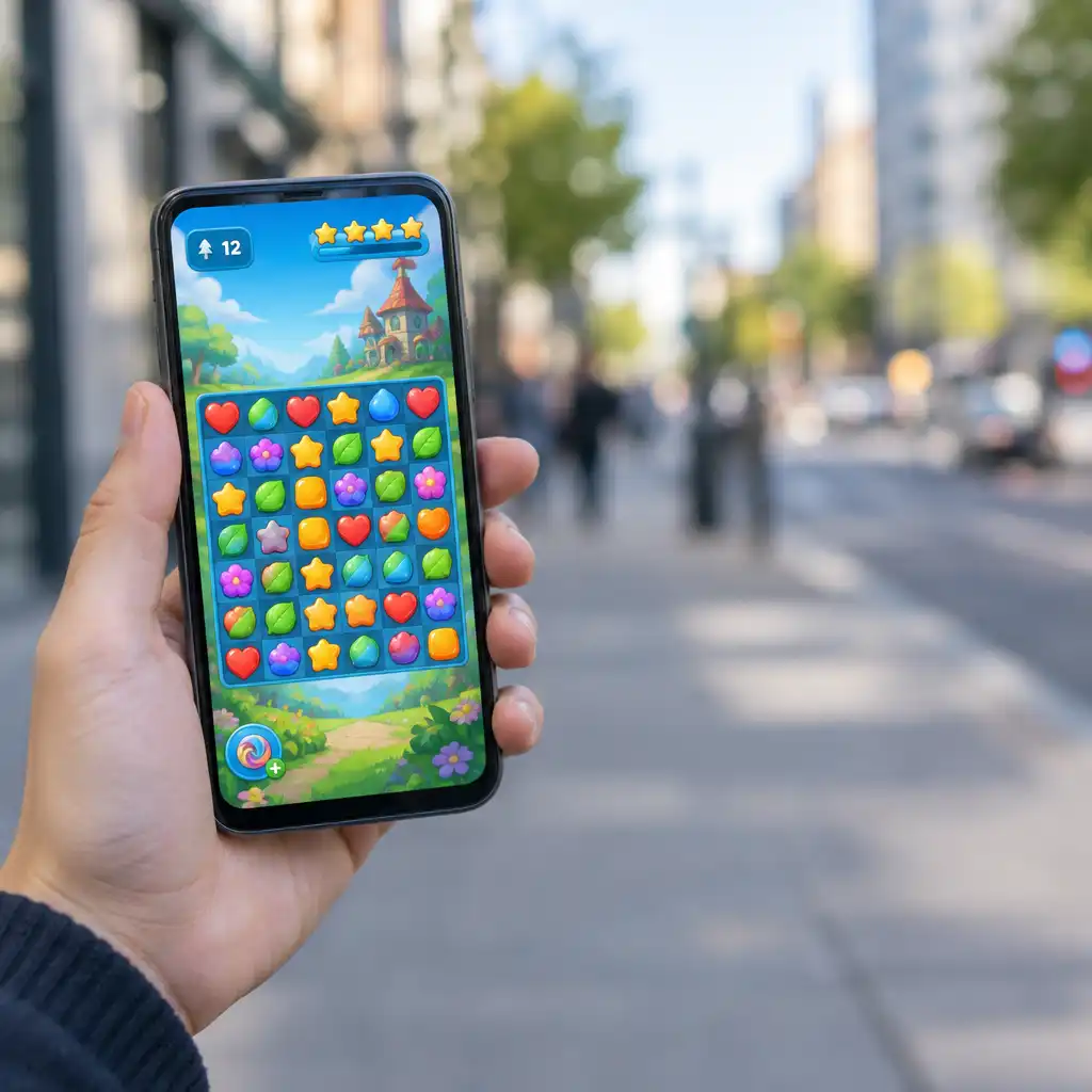 A hand holding a smartphone with a puzzle game on screen against a blurred city street