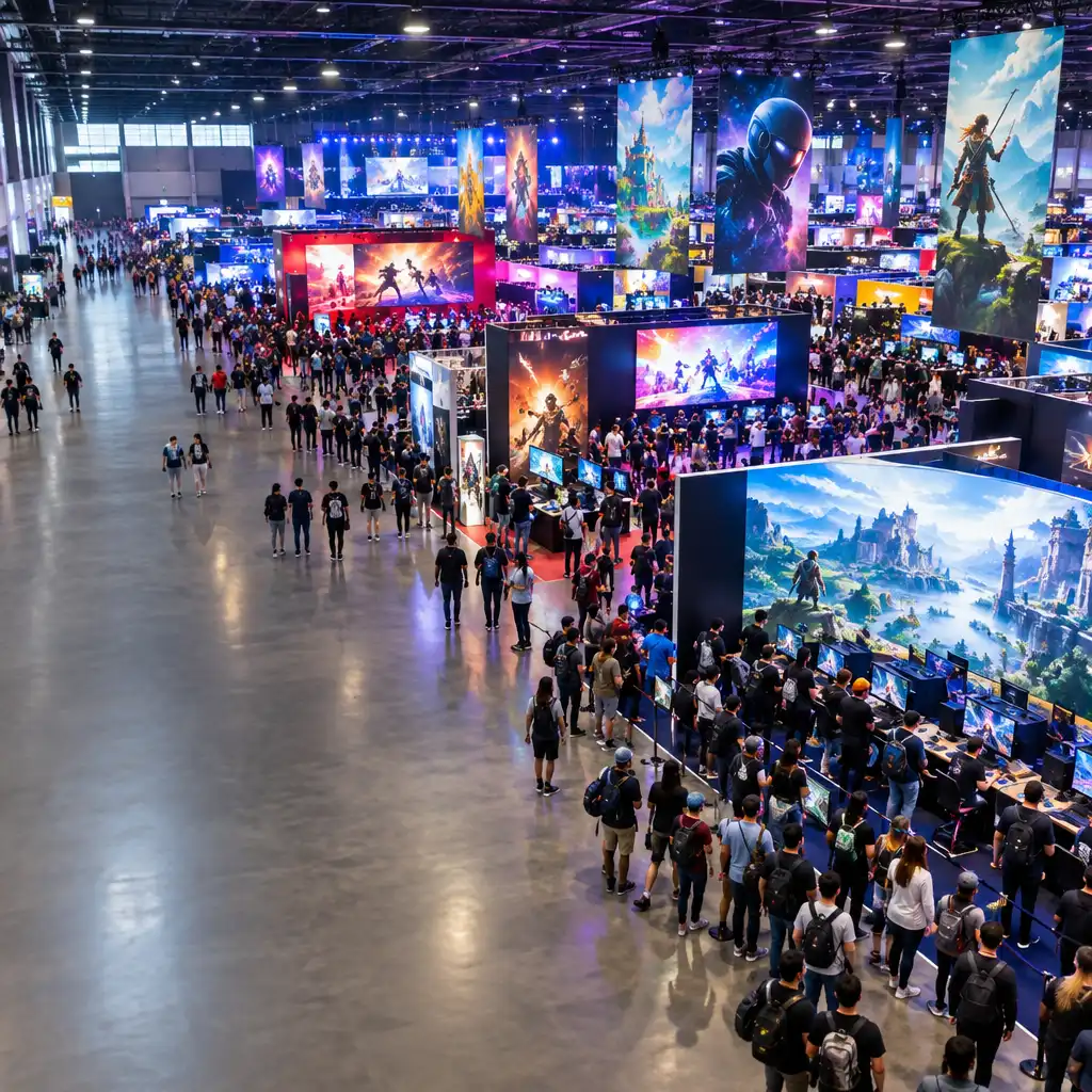 A wide view of a gaming convention hall with booths and attendees