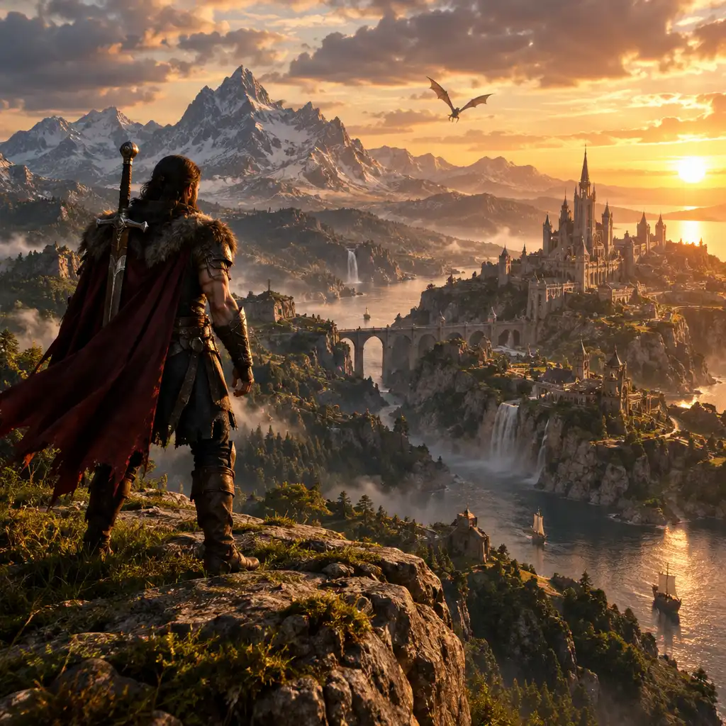 Warrior standing on a cliff overlooking a vast fantasy landscape at golden hour