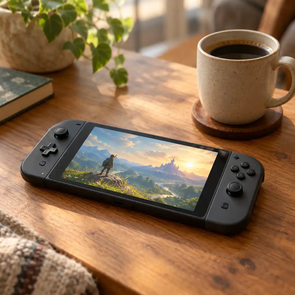Handheld gaming console on a wooden table next to a cup of coffee in soft natural light